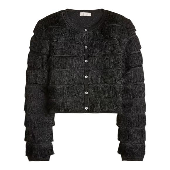 J crew Fringe‎ cardigan in metallic yarn Womens Large Black Metallic - Picture 3 of 11